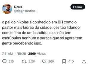 Santinelli disse que pai Nikolas é ladrão 